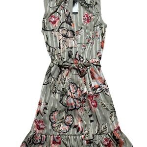 White House Black Market Grey Floral Tie-Waist Midi Dress